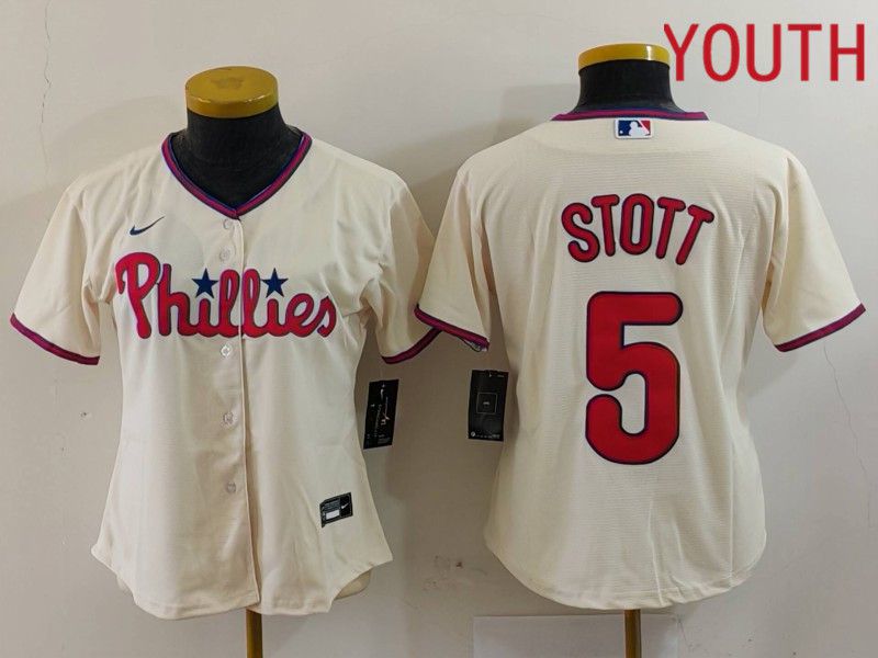 Youth Philadelphia Phillies #5 Stott Cream Game 2024 Nike MLB Jersey style 1